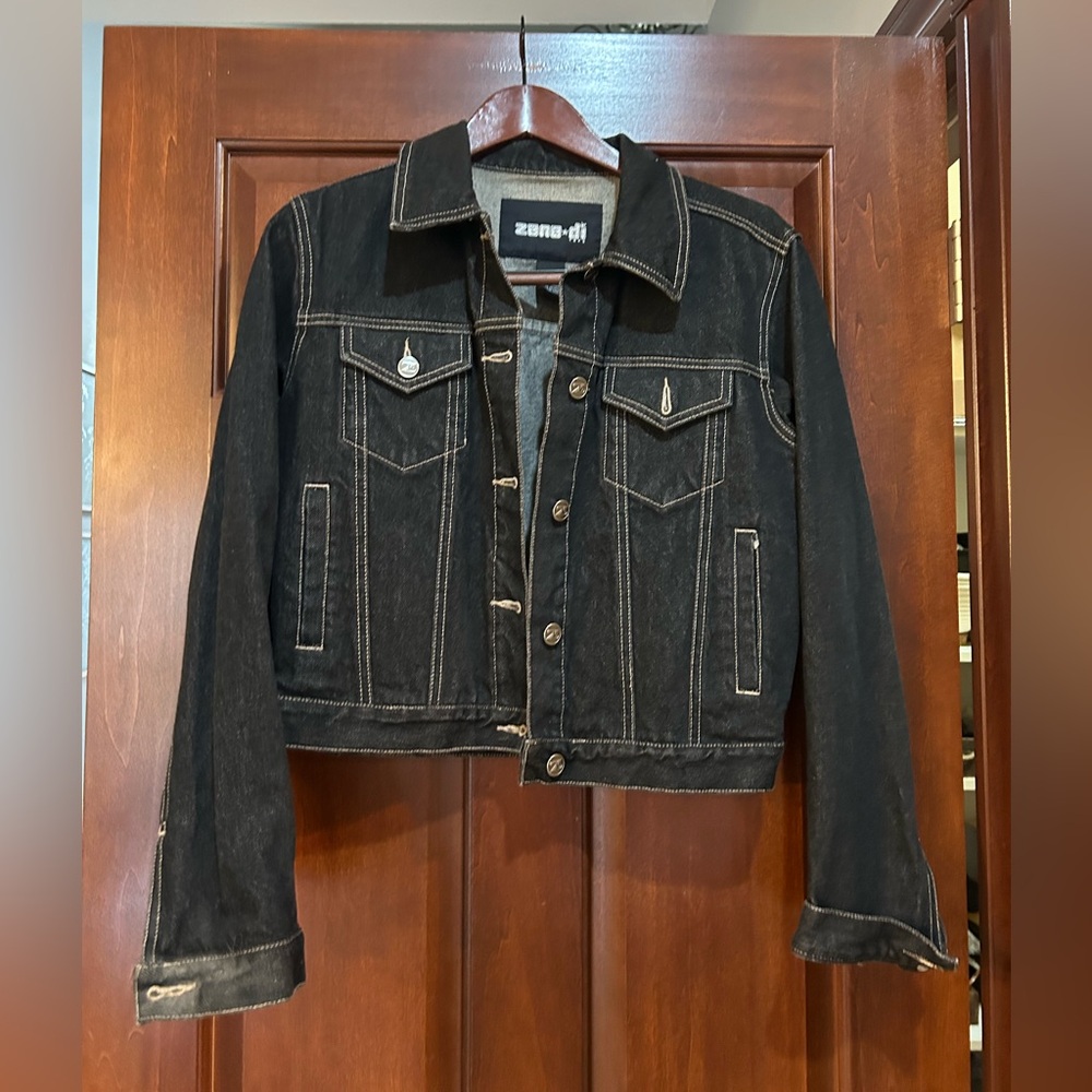 Zana Di Dark Wash Cropped Denim Jacket Contrast Stitch Size M